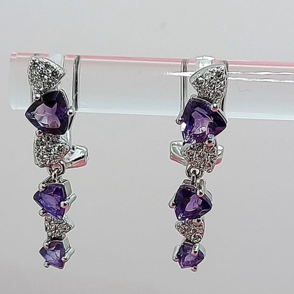 Natural Amethyst 6mm &‎ CZ 14K White Gold Plate on 925 Sterling Silver Earrings - Picture 2 of 6